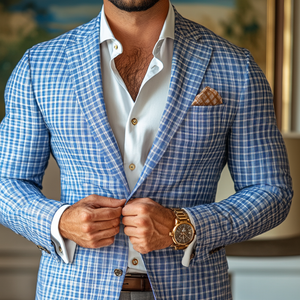 Herrenmode Frühling Sommer Karierter Blazer mit Revers und zwei Knöpfen