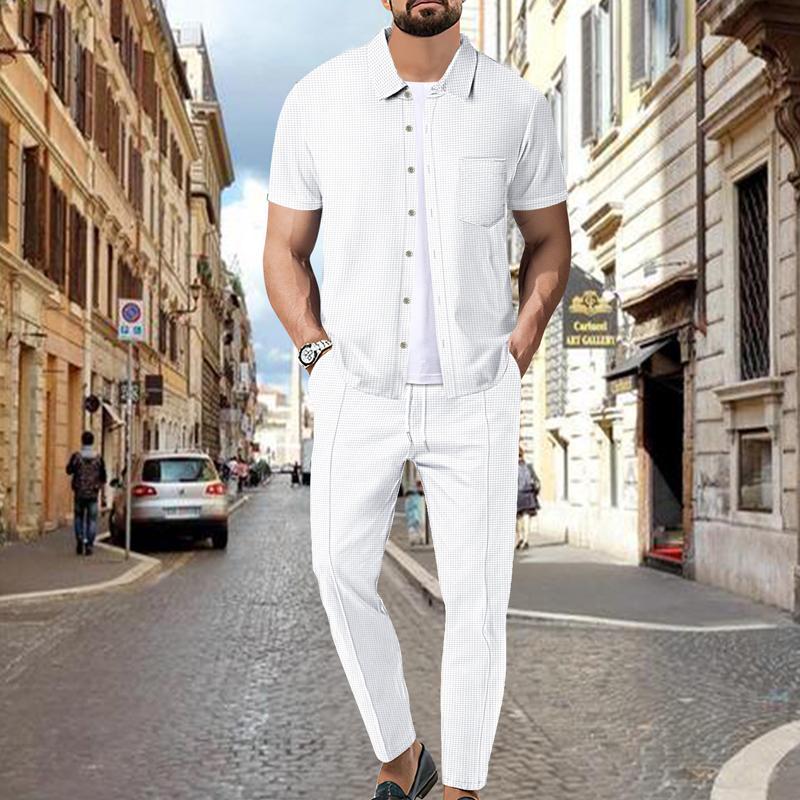 Herren-Set aus kurzärmligem Hemd und Hose mit Waffelmuster in Volltonfarbe