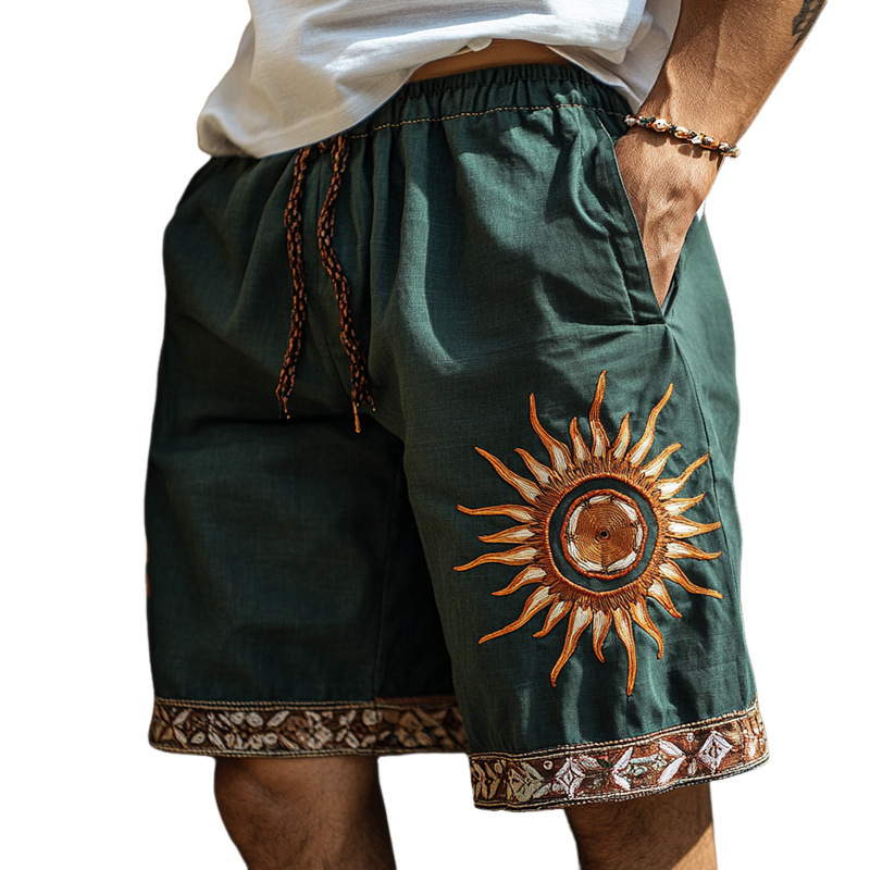 Men's Retro Ethnic Style Sun Embroidery Casual Linen Shorts