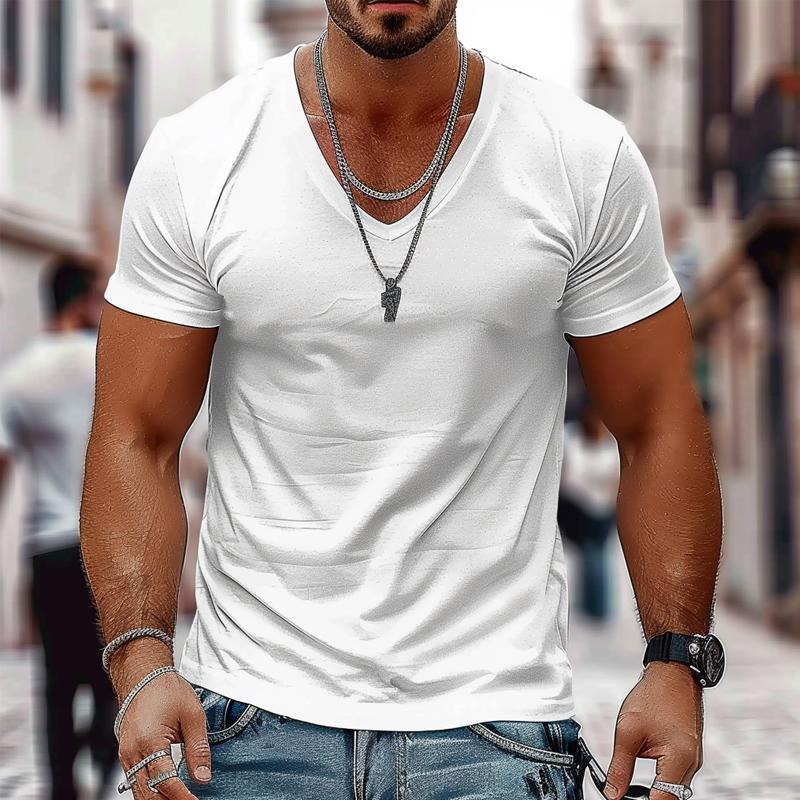 Men's Solid Color Casual V-neck Cotton Short-sleeved T-shirt