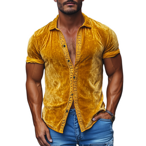 Men's Spring Fashion Sexy Lace Splicing Velvet Slim Fit Short Sleeve Shirt