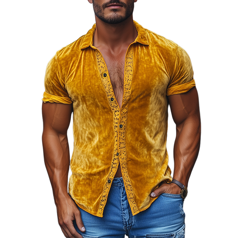 Herren Frühlingsmode Sexy Spitze Spleißen Samt Slim Fit Kurzarmhemd