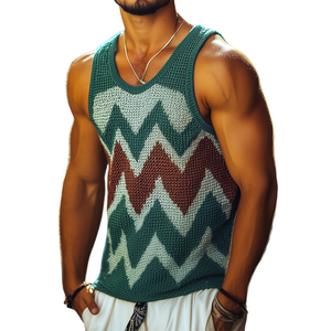 Men's Retro Casual Diamond Colorblock Round Neck Tank Top