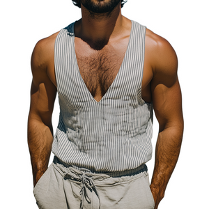 Herren Retro Casual Gestreiftes Bedrucktes Leinen Tank Top mit V-Ausschnitt