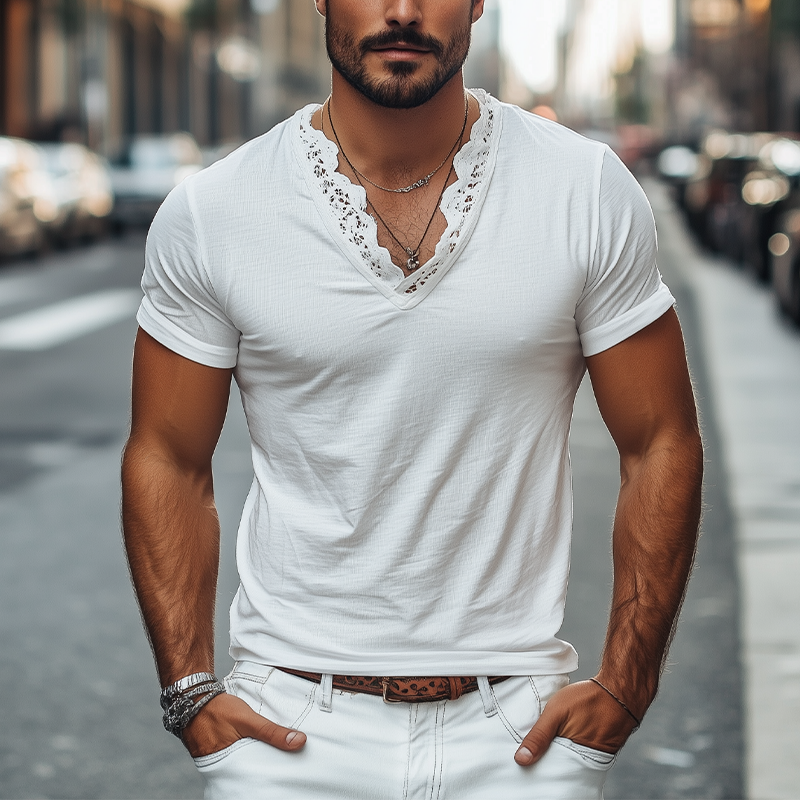 Men's Spring And Summer Fashionable V-neck Lace Stitching Cotton Short-sleeved T-shirt