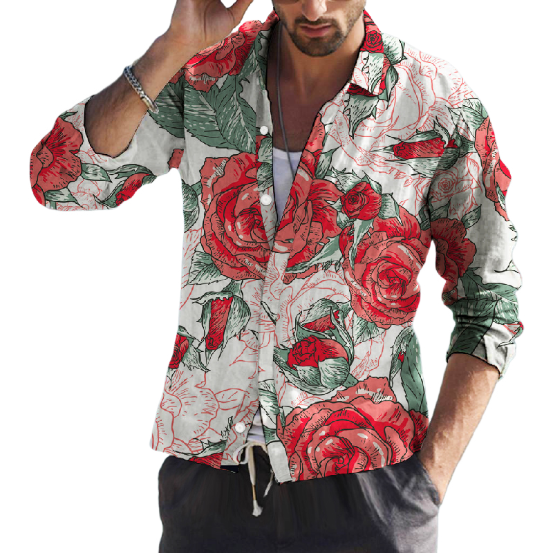 Herren-Langarmhemd mit Blumendruck und Revers