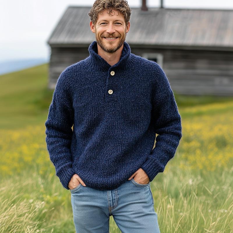 Men's Vintage Dark Blue Two-Button Stand Collar Knit Sweater