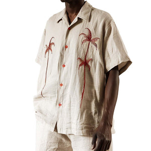 Men's Casual Palm Leaf Embroidered Short Sleeve Shirt