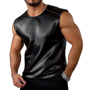 Men's Casual Solid Color Round Neck Leather Tank Tops