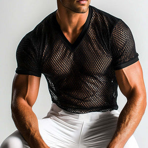 Herren Retro Casual Solid Color Mesh Cool V-Ausschnitt Kurzarm T-Shirt
