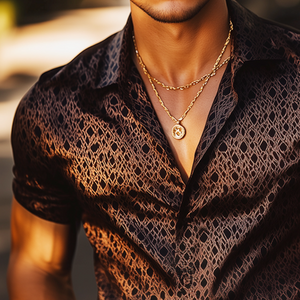 Herren Retro Casual Geometrischer Druck Satin Revers Kurzarmhemd