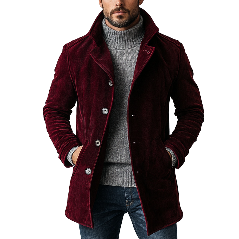 Einreihiger, mittellanger Vintage-Mantel aus Wildleder für Herren