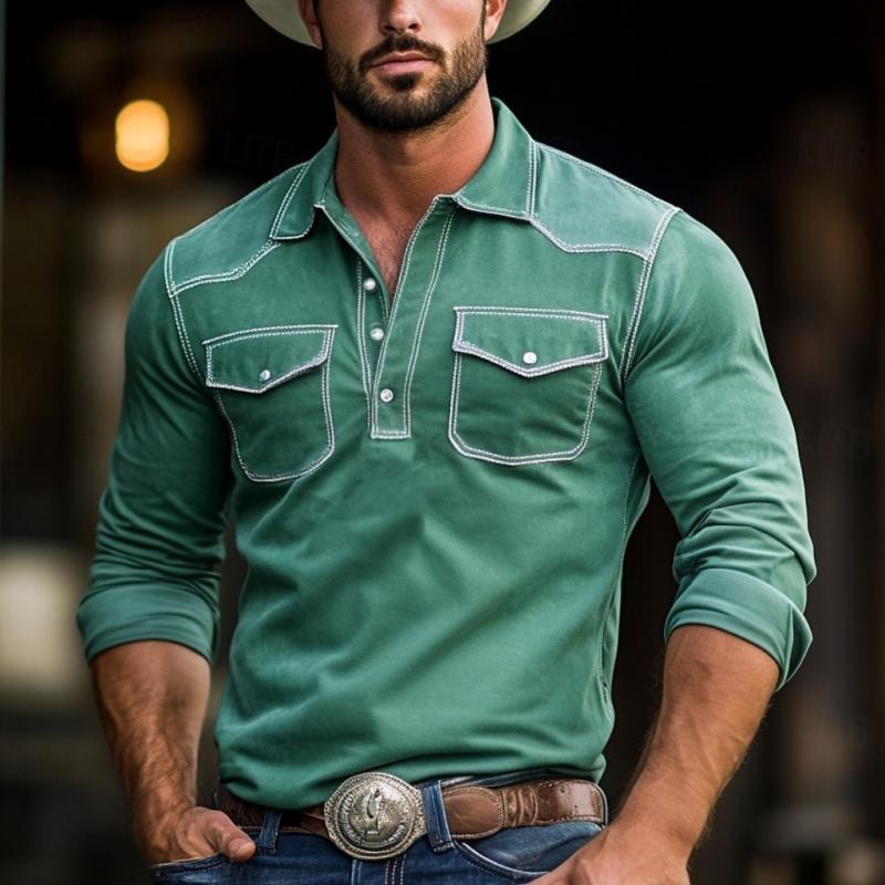 Herrenmode Wildleder-Poloshirt im Western-Stil, Slim Fit, Langarm