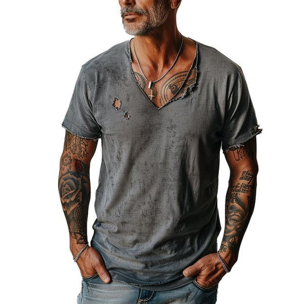 Men's Distressed Ripped Raw Edge V-Neck Short-Sleeved T-Shirt