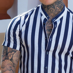 Herren-Kurzarmhemd aus Leinen mit Retro-Streifenmuster und Stehkragen