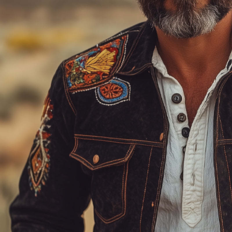 Men's Vintage Suede Embroidered Lapel Jacket