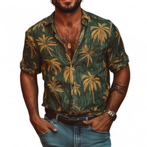 Men's Casual Palm Tree Print Lapel Loose Short Sleeve Shirt