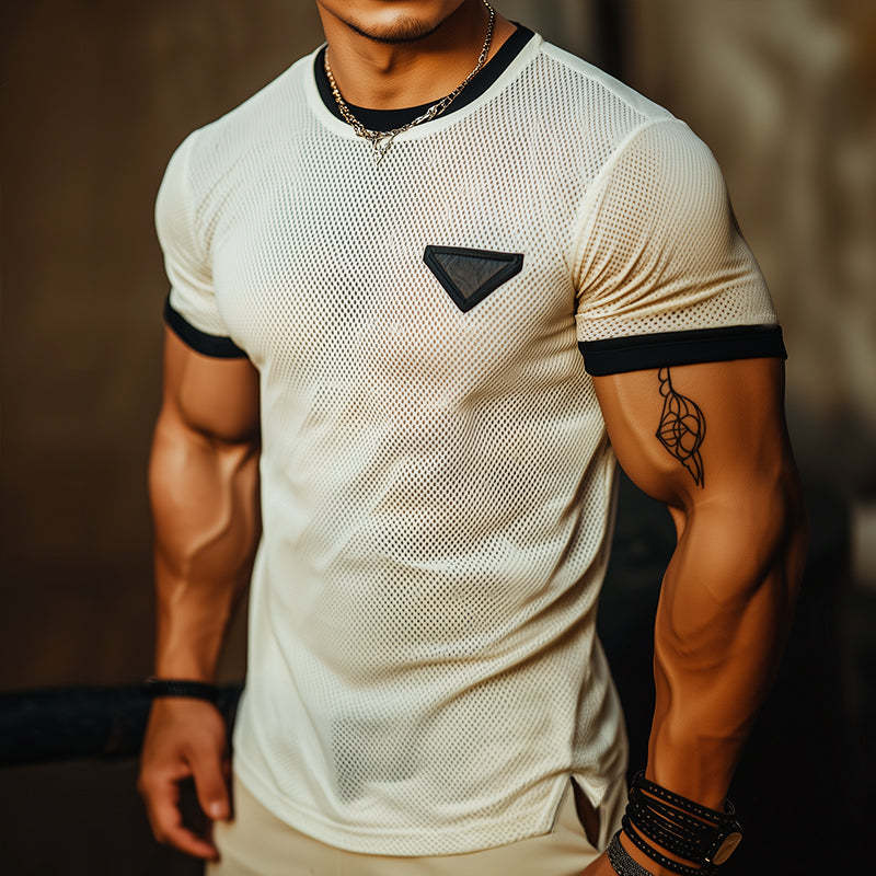 Men's Retro Casual Mesh Fabric Color Block Round Neck Short Sleeve T-Shirt
