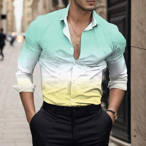Men's Gradient Lapel Button Loose Long Sleeve Shirt