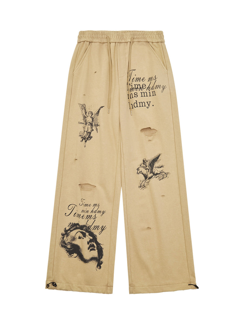 Cut Hole Angel Drawing Letter Pants