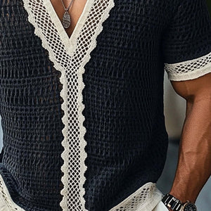 Men's Casual Spliced Lace V-Neck Short Sleeve T-Shirt