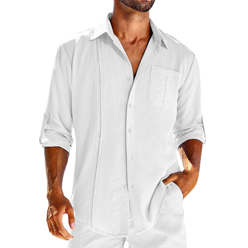 MEN'S COTTON AND LINEN LACE CASUAL WRIST POCKET CASUAL SHIRT