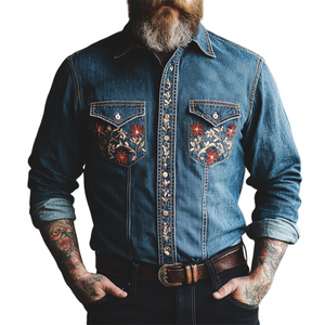 Men's Vintage Dark Blue Embroidered Washed Denim Shirt