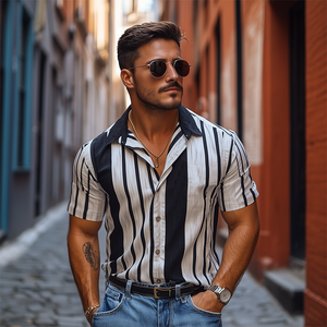 Herren Retro Casual Vertikalstreifen bedrucktes Chiffon-Kurzarmhemd