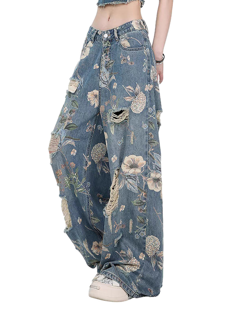 Vintage Washed Distressed Floral Ripped Baggy Jeans