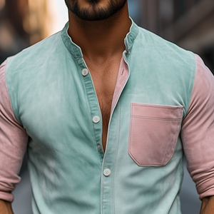 Men's Spring Fashion Casual Contrast Color Stitching Stand Collar Suede Long Sleeve Shirt