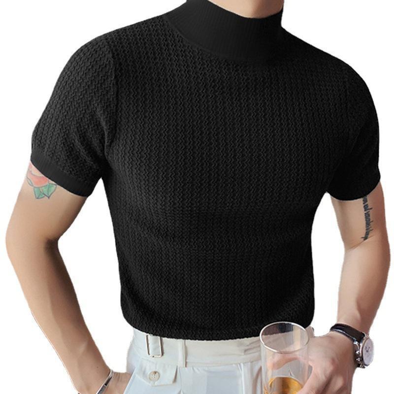 Men's Half Turtleneck Solid Color Tight Knitted Short-Sleeved T-Shirt