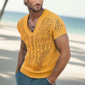 Sommermode für Herren, V-Ausschnitt, gestricktes Mesh, atmungsaktives T-Shirt