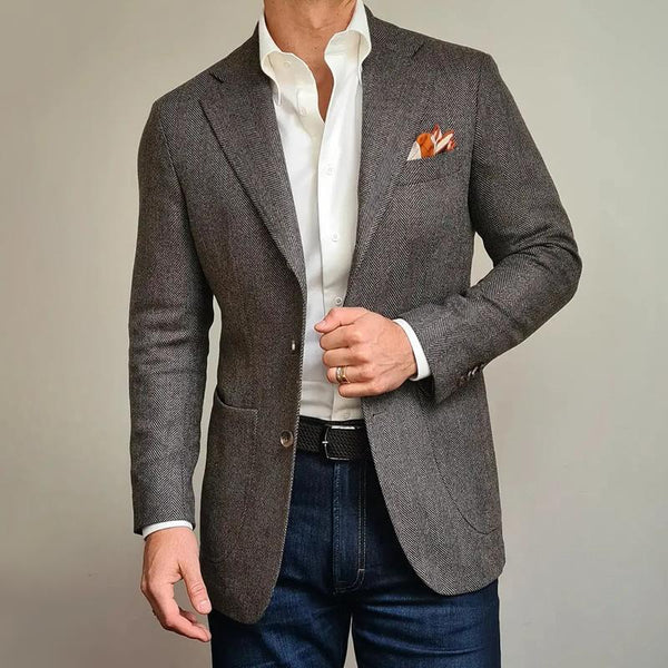 Herren-Blazer im Vintage-Stil mit Fischgrätenmuster, Revers und zwei Knöpfen