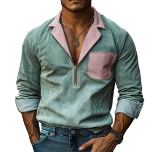 Men's Spring Fashion Casual Contrast Color Stitching Lapel Zipper Suede Long Sleeve Shirt