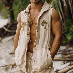 Herren-Kapuzenweste mit Palmblatt-Stickerei und unversäuberten Kanten