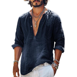 Herren-Langarmhemd mit V-Ausschnitt und Knopfleiste im Vintage-Stil