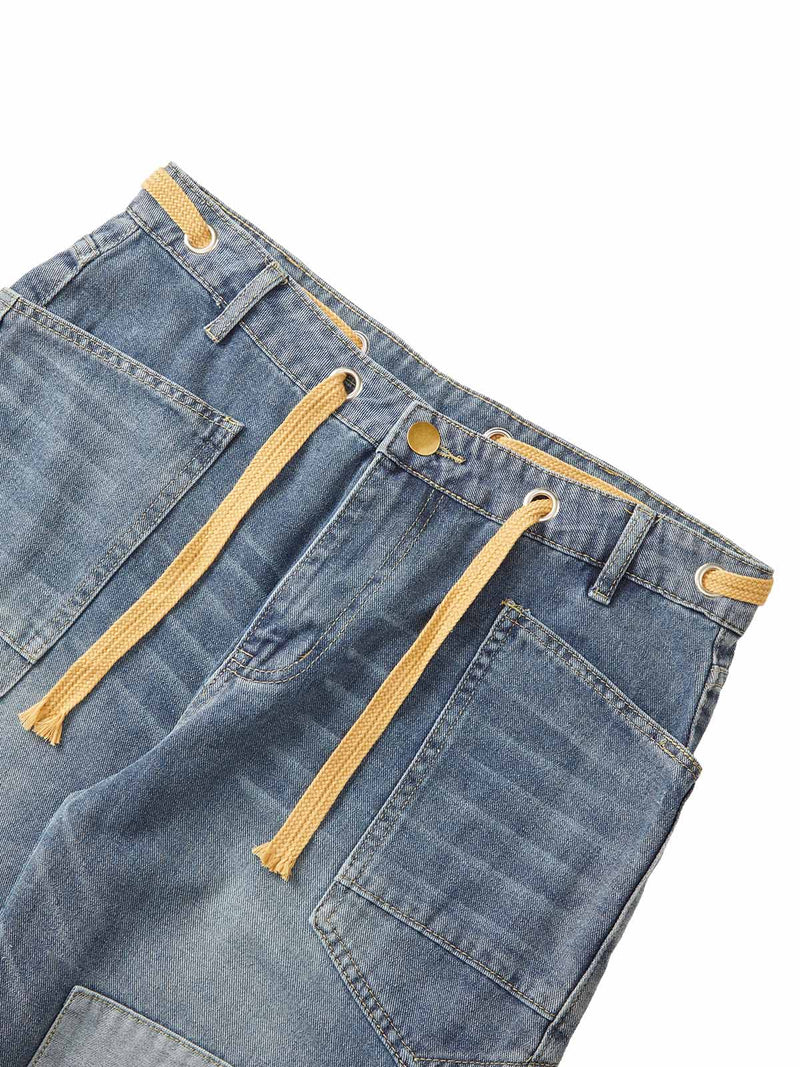 Drawstring Denim Patch Washed Jeans