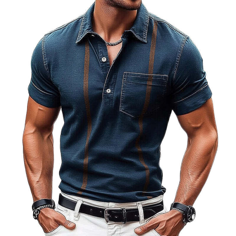 Herren Sommer Retro Dunkelblaues Polokragen Denim T-Shirt