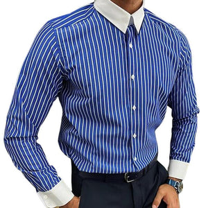 Men's Striped Colorblock Lapel Long Sleeve Casual Shirt