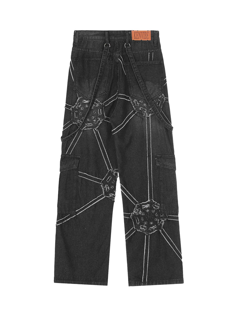 High Street Hip-Hop Spider Web Denim Pants