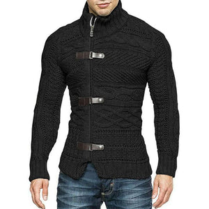 Men's Casual Stand Collar Zipper Cable Knitted Slim Cardigan