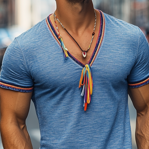 Men's Summer Fashion Casual V-neck Colored Ribbon Bamboo Cotton Blended Short Sleeve T-shirt (Tassel Removable)