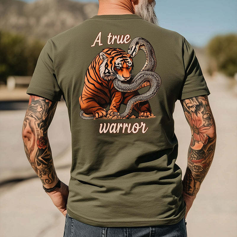 Men's Retro Casual A True Warrior Print Round Neck Short Sleeve T-shirt