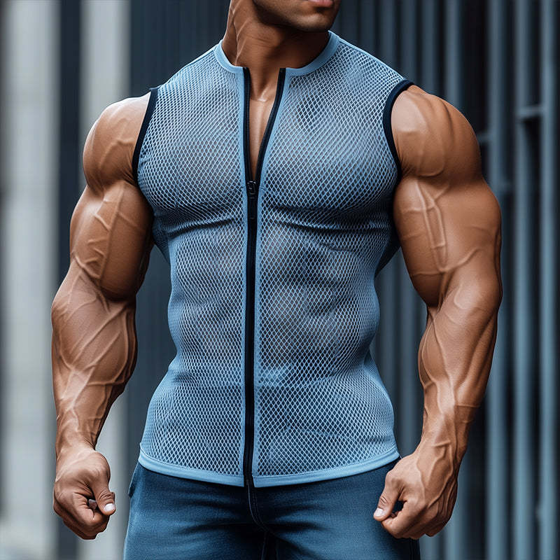 Herren Retro Casual Mesh Stoff Stretch Kragenloser Reißverschluss Sport Tank Top