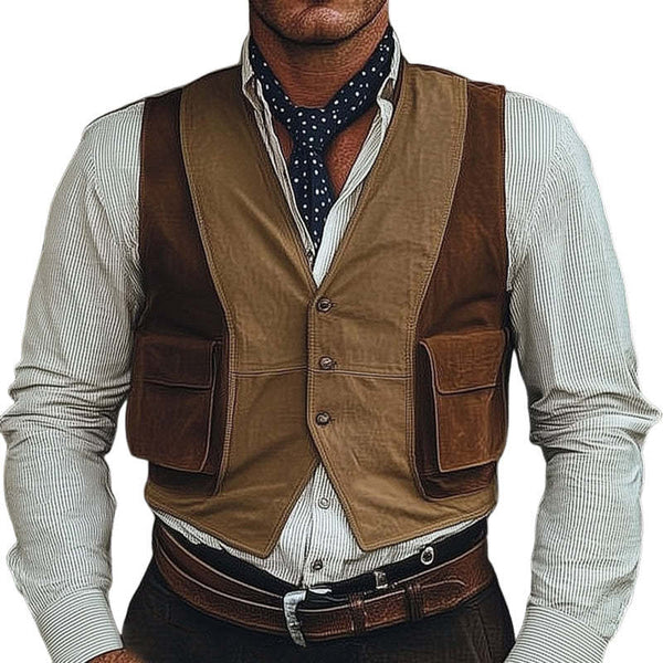 Herrenweste aus braunem Wildleder mit drei Knöpfen und Colorblock