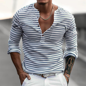 Men's Striped Henley Collar Long Sleeve Casual T-shirt
