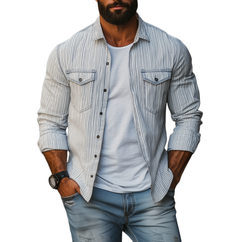 Herren Casual Comfort Baumwolle Leinen Gestreiftes Revers Brusttasche Lockeres Langarmhemd
