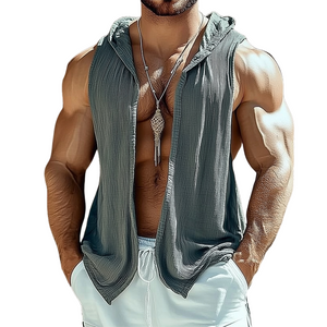 Dunkelgraues strukturiertes Tanktop mit Kapuze und aufgeknöpftem Kragen für Herren