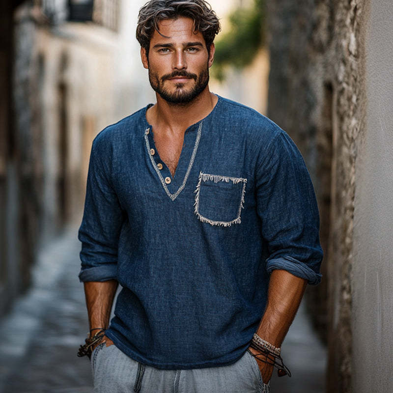 Men's Retro Navy V-neck Casual Long Sleeve T-shirt