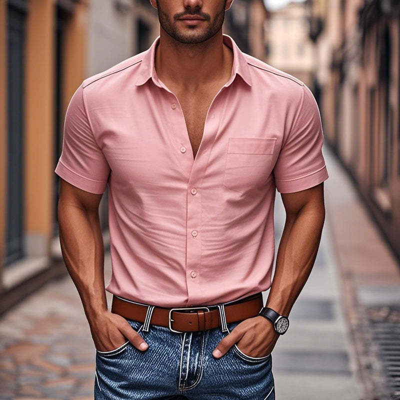 Herren-Hemd, lässig, Baumwolle, Revers, aufgesetzte Tasche, einreihig, Slim Fit, kurzärmelig